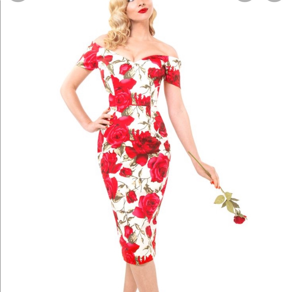 British Retro red floral off the shoulder pencil dress.